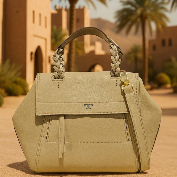 NEW Tory Burch Half-Moon Sand Dune Beige Leather Small Satchel/Crossbody Bag - Picture 1 of 13